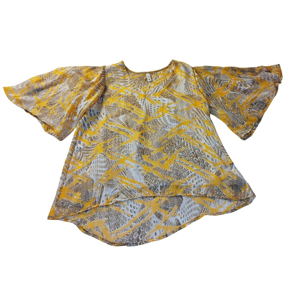 TYCHE‎ Women's M Gold Yellow Boho Abstract Print Bell Sleeve Tunic Top